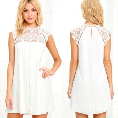 Lulu's Hey Doll Ivory Lace Shift Dress White Crochet Mini Dress Size M / Medium