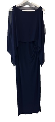 Ralph Lauren Evening Formal Dress Midnight Blue w Chiffon Cape Deep Side Slit 6