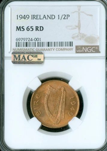 1949 IRELAND HALF PENNY NGC MS65 RED PQ MAC SPOTLESS ONLY 1 FINER RARE *