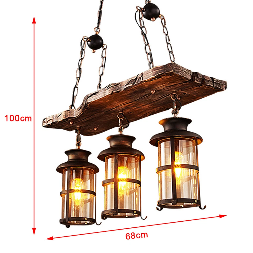3-Light Farmhouse Loft Rustic Chandelier Wood Pendant Ceiling Light Fixture Lamp - Image 2 of 4