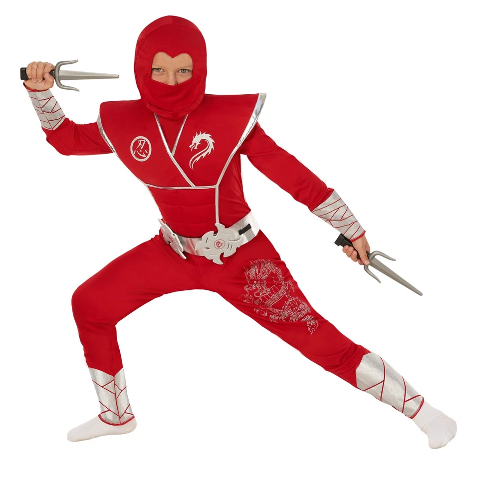Disfraz de Ninja Rojo y Plateado para Niños + Juguetes Niños Niñas Traje de Guerrero Samurai Halloween Foto 2 de 4