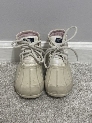Size 9 Sperry Waterproof Boots - Little Girl White Outer, Pink Lining Shoes