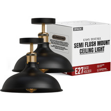 2 Pack Ceiling Lights E27 Metal Semi Flush Mount Light Black for Kitchen Hallway