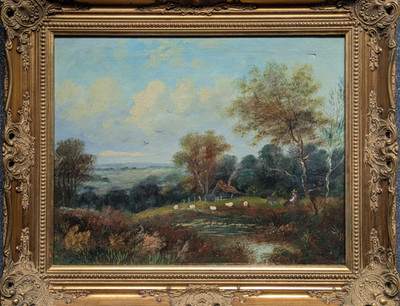 Antikes Original Ölgemälde ländliche Landschaft undeutlich signiert 19. Jh.