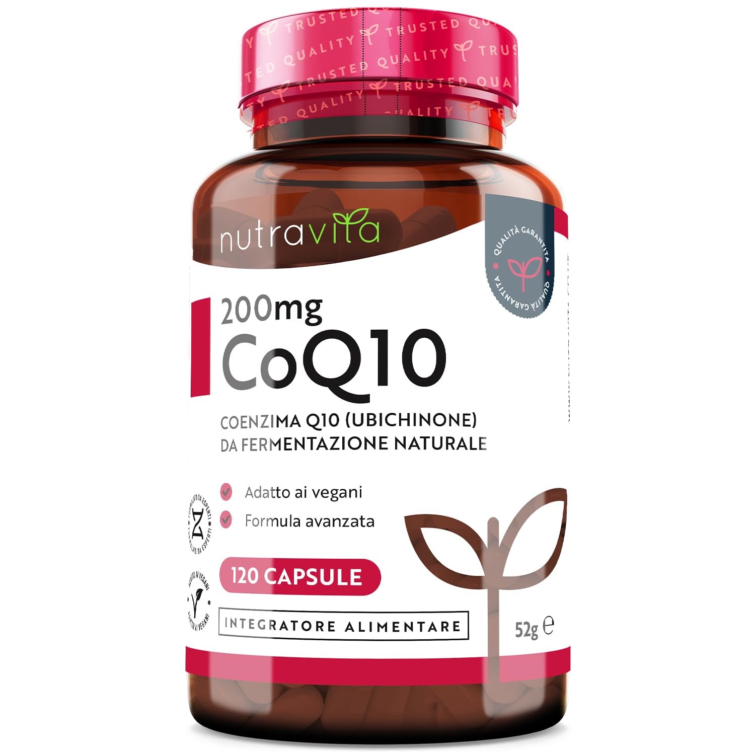 Coenzima Q10 200 mg Ubichinone Puro al 100% 120 Capsule Vegane di CoQ10 ad Alto