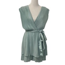 Zara Womens Pleated Belted Romper Sleeveless Sz Large Green Deep V Neck