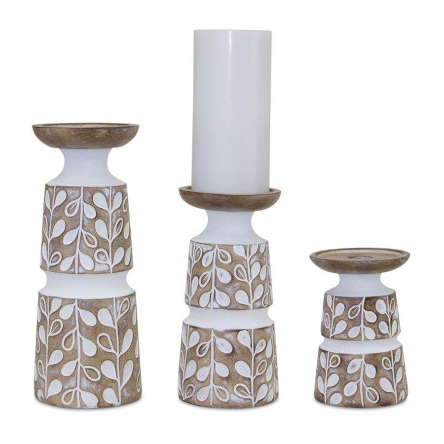 Melrose Leaf Pattern Candle Holder/Wood Design, Set of 3, Br