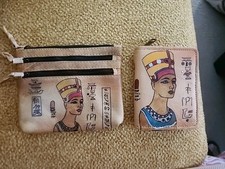 Set Of 2 Egyptian Leather Wallet Nefrititi on front Ancient Egyptian Hieroglyphs