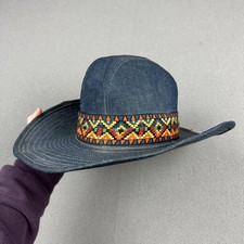 Vintage Blue Denim WESTERN COWBOY HAT Stitched Trim 100 Cotton Wire Brim Medium