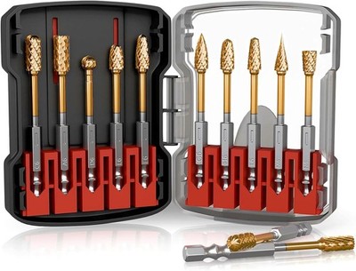 10 Pcs 1/4'' Carbide Burr Set, 1/4'' Quick-Change Shank, Die Grinder Bits for Meta