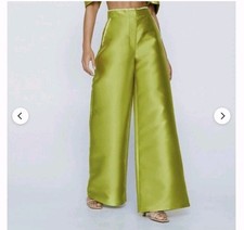 Nasty Gal Pants Womens 10 Chartreuse Green Satin Wide Leg High Rise