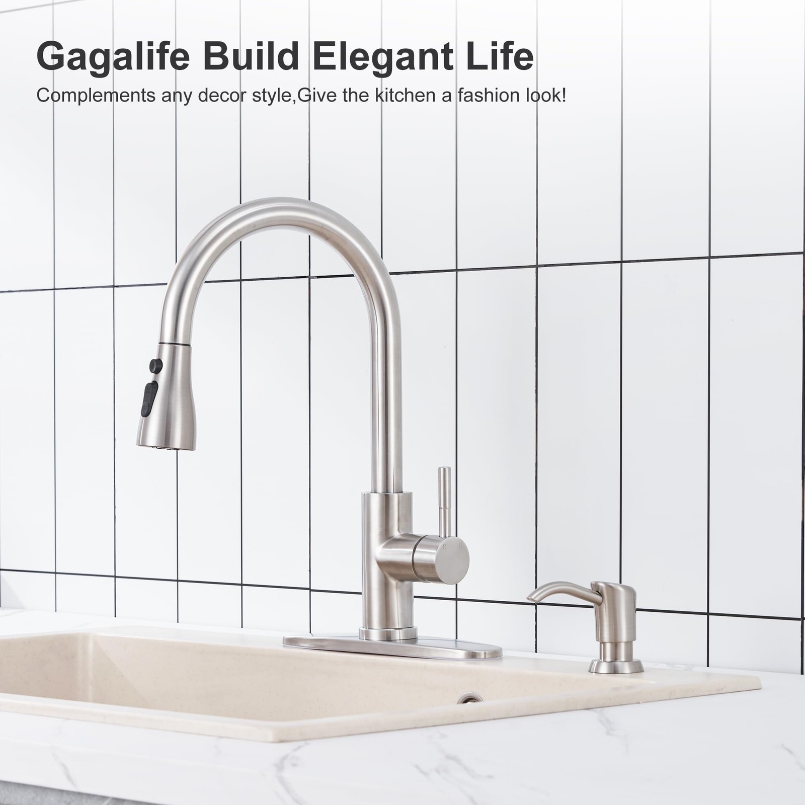 GAGALIFE Built-in Soap Dispenser Kitchen Sink Brushed Nickel Anti-Leak Extens...