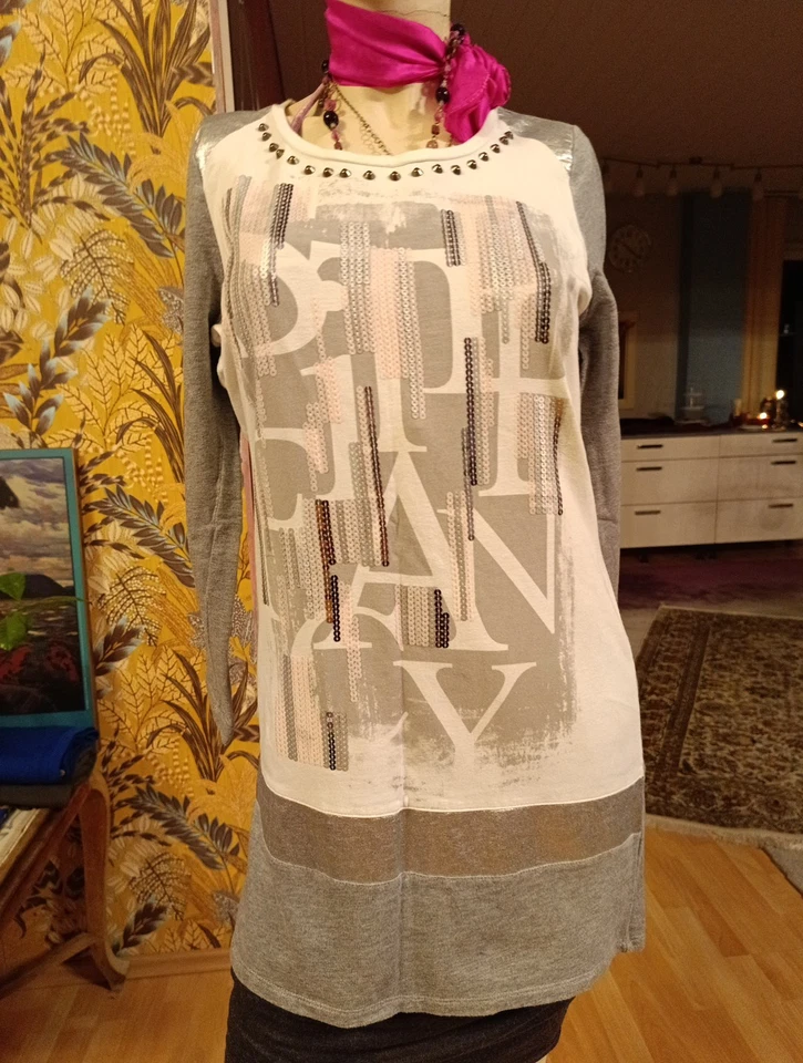 Pullover Pulli S grau lang Feinstrick Biba Jersey komb. Stoffe Nieten 38 40 - Bild 3 von 4