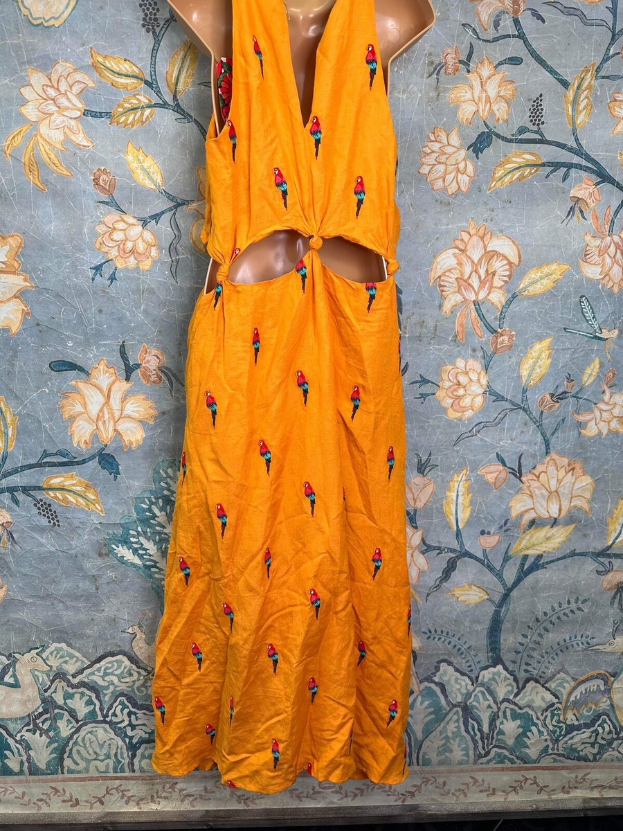 farm rio parrot halter maxi dress Anthropologie Farm Rio Embroidered Parrot Halter Maxi Dress Size Medium  Tropical