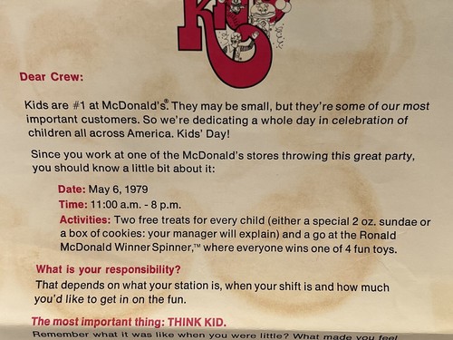 McDonalds 1979 "Think Kid" 5/6/1979 Letter to Crew from Ronald McDonald RARE!!! - Picture 7 of 7