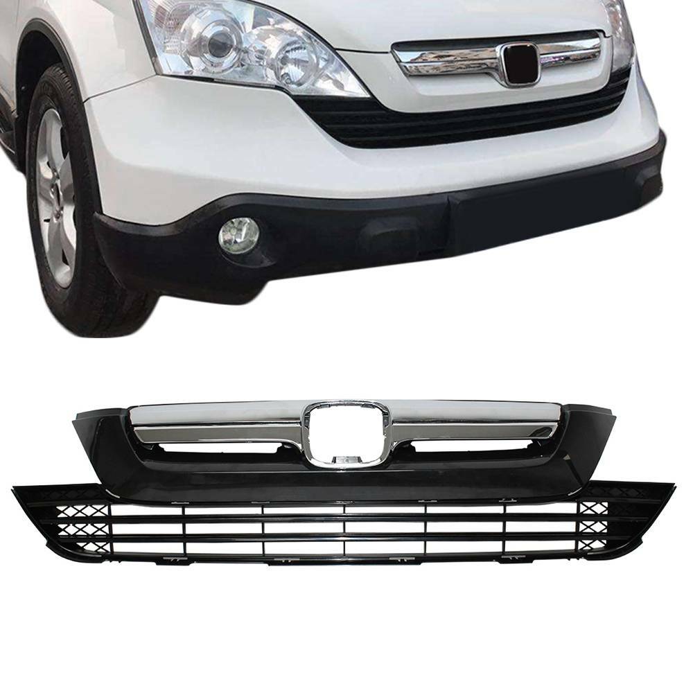 Front Bumper Upper Grille Lower Grill For Honda CRV CR-V 2007-2009 Chrome Black