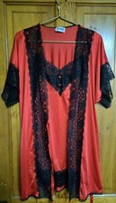 VTG Avon Style Night Gown Robe Set 2 Pc Red Black Silky Lace Lingerie Sz Small