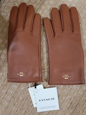 Coach Plaque Leather Gloves Saddle Size 6 1/2 Merino Wool Lining