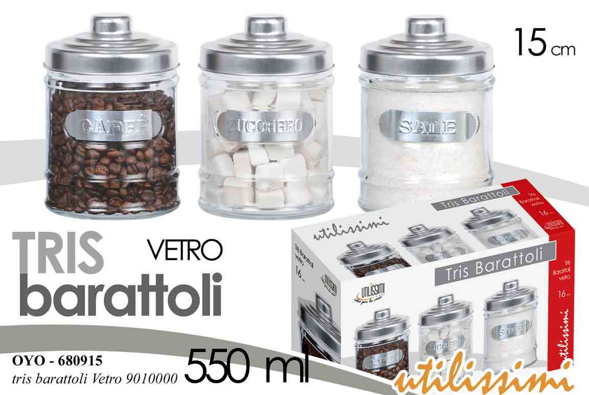SET Barattoli Sale Zucchero Caffè Tris 3 Contenitori Vetro Barattolo 550ML 15cm