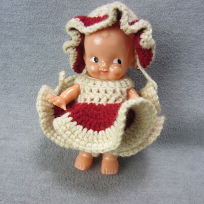 Vintage Irwin Celluloid Doll 6.5' Side Glancing Molded Hair Crochet Outfit