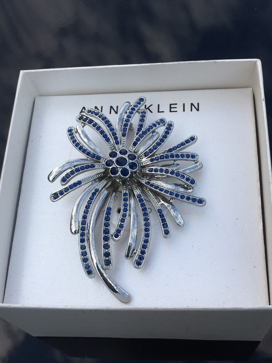Lovely Anne Klein Blue Rhinestone Crystal Flower Spray Pin Brooch