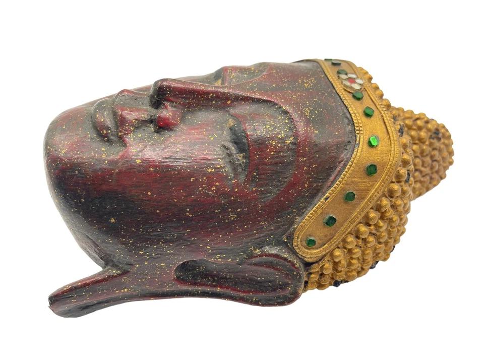 Buda Tailandés Madera Dura Madera Maciza Tallada Cara Cabeza Colgante Pared Negro Dorado 8" Foto 2 de 4