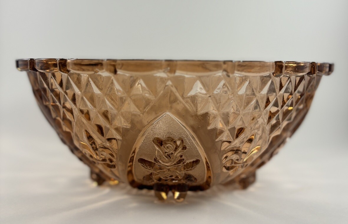 KIG Indonesia Large Pink Diamond Cut Rose Fleur de Lis Footed Glass Bowl