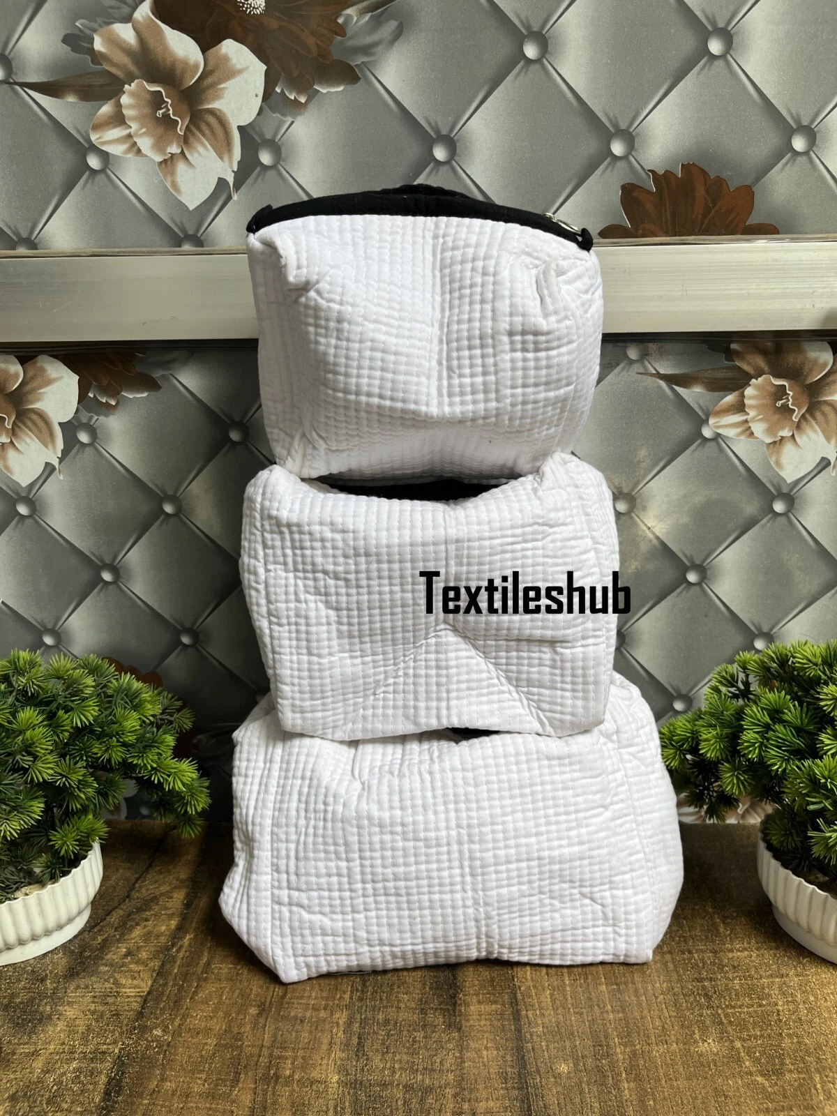 Indian White Solid Cotton Quilted Toiletry Purse Cosmetic Storage Bag Of 3 Pc US