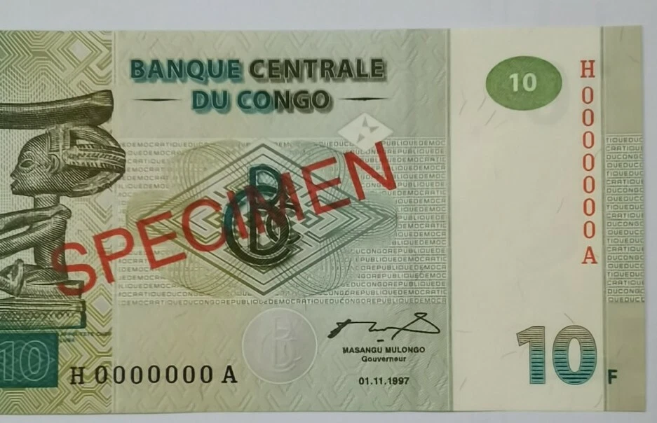 1997 CONGO DEMOCRATIC REPUBLIC 10 FRANCS "SPECIMEN" GEM UNC [P-87s]  - Image 3 of 4