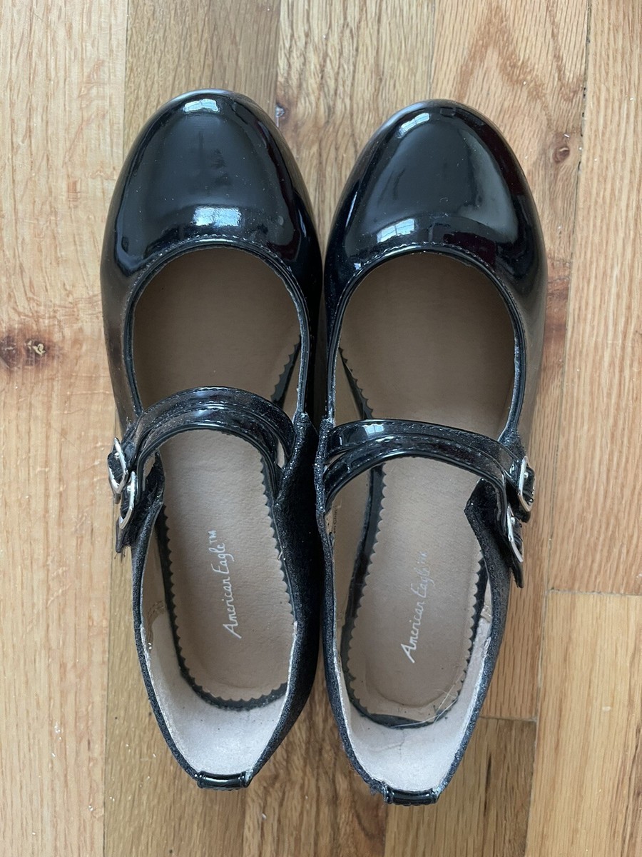 American Eagle big girls black shiny glitter flat dress shoes US Size 3