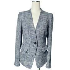 Lafayette 148 Blue And White Melange Woven Cotton Tweed Single Breasted Blazer 6