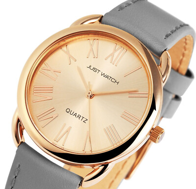 Damen Frauen edel Grau Roségold Lederarmband Quarz elegant