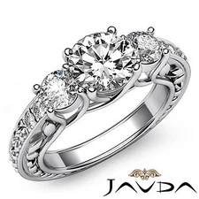 Leaf Motif Trellis 3 Stone Round Diamond Engagement Ring GIA I Color VS2 1.45 ct