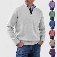 Men's Stand Collar Zipper Sweater Winter Fashion Solid Color Long Sleeve Knitted