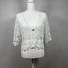 White Crochet Cardigan Boho Coastal Cotton Op...
