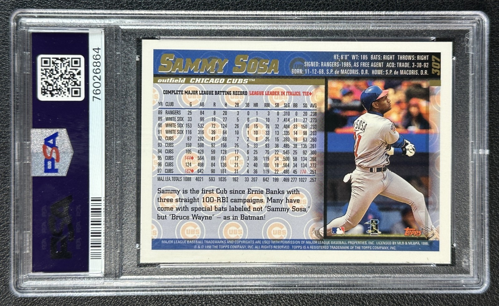 SAMMY SOSA PSA 10 1998 TOPPS #307 CUBS 6864 view 2