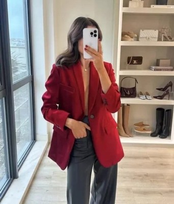 ZARA RED VELVET TAILORED BLAZER JACKET ZW