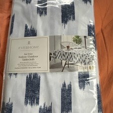 Everhome Ikat Stripe 60-Inch oval Tablecloth in White/Blue with Umbrella Hole