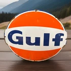 VINTAGE 14” X 12” GULF PORCELAIN METAL MOTOR OIL GAS PUMP PLATE SIGN