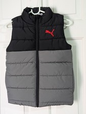 Puma Puffer Vest Youth Small 7-8 Gray Black Pockets Lightweight Lined Logo
