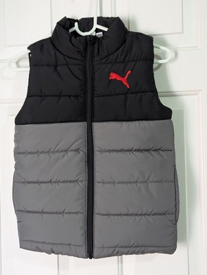 Puma Puffer Vest Youth Small (7-8) Gray Black Pockets Lightweight Lined Logo