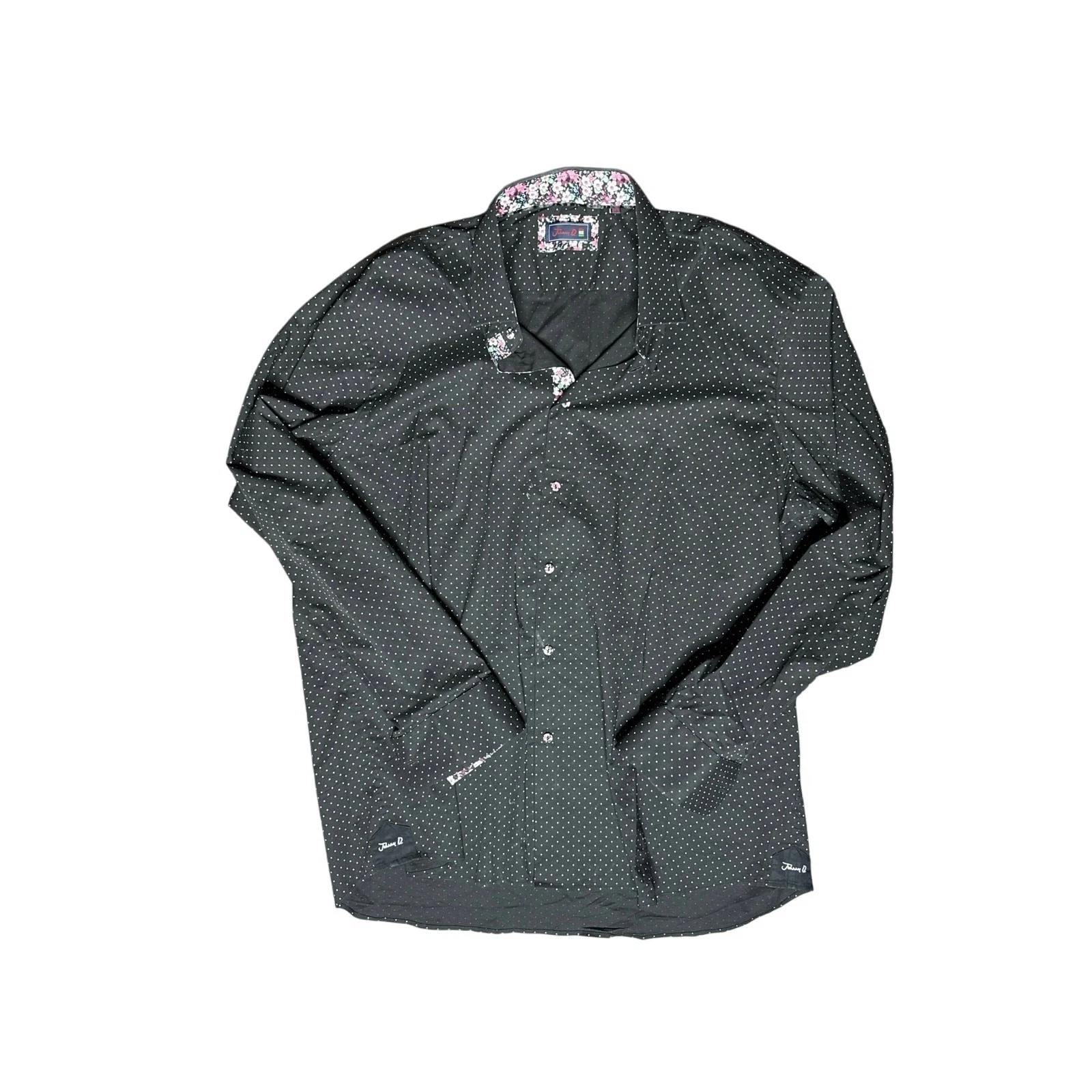 Johnny D Men’s XL Black White Polka Dot Button Down Shirt Floral Trim
