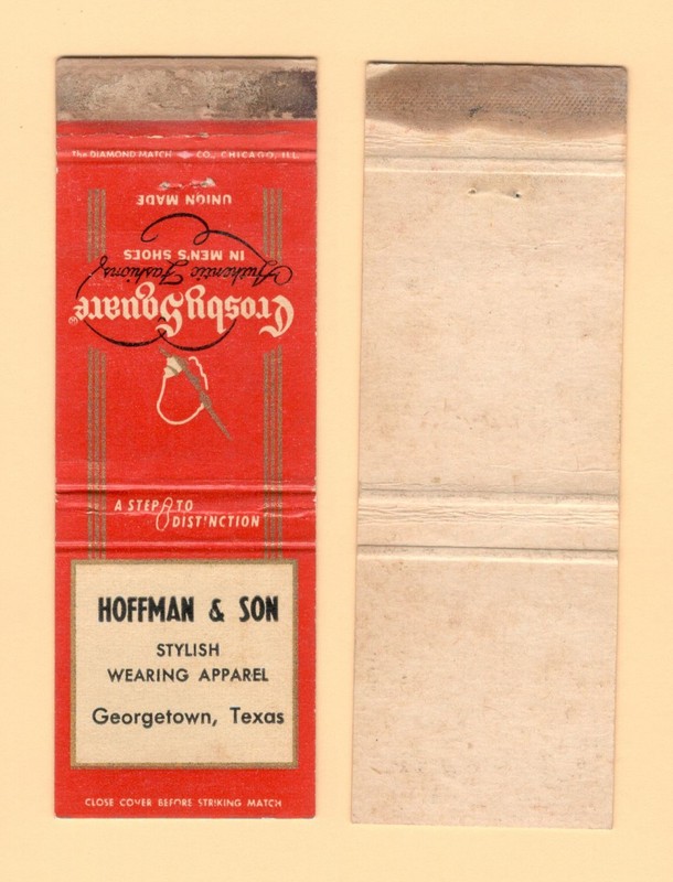 HOFFMAN & SON { CROSBY SQUARE MENS SHOES } GEORGETOWN TEXAS MATCHBOOK COVER