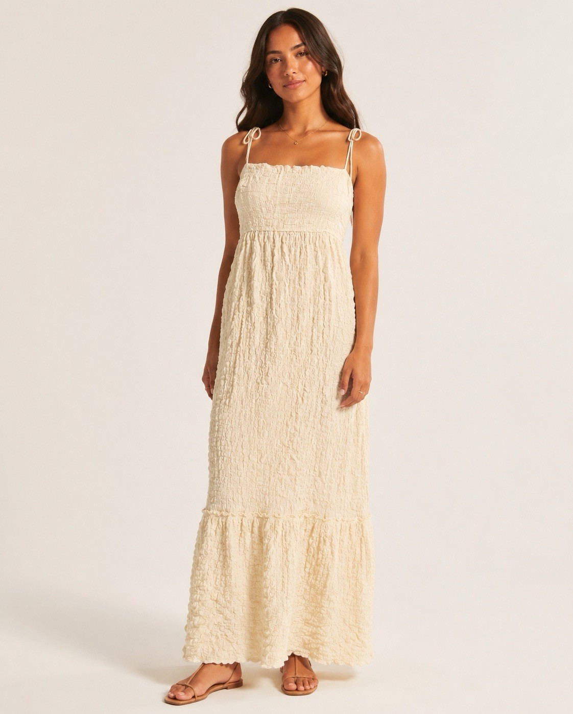Women's M Ivory Solid Smocked Maxi Dress Square Neck Tie-Shoulder Cotton
