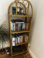 Vintage Wicker Rattan Étagère – Arched Top Shelf Unit – Boho Retro Cane Bookcase