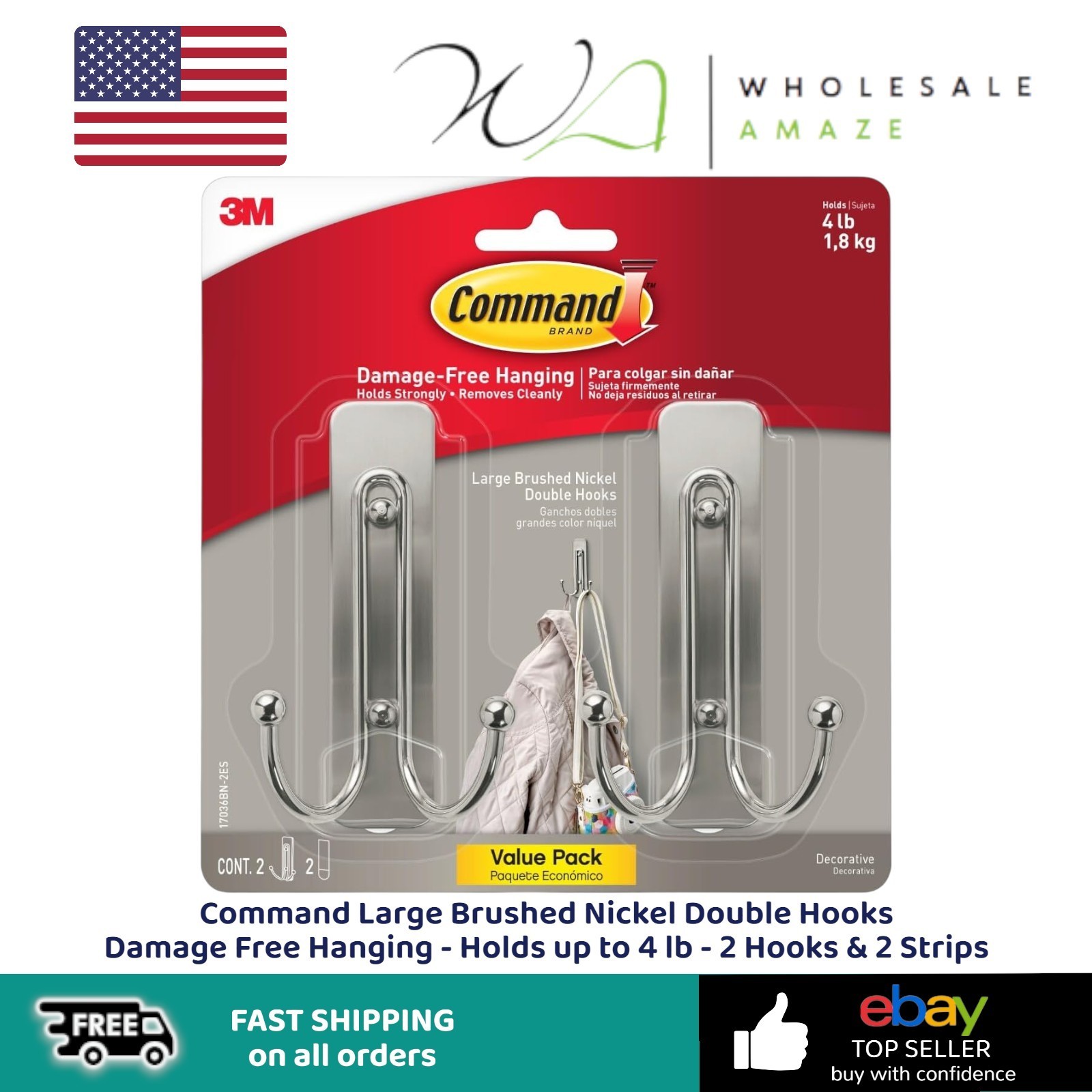 Double Hooks Damage Free Hanging - Holds Up To 4 Lb