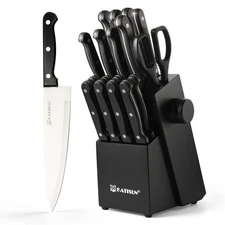 19-Piece Carbon Steel Kitchen Knife Set with Wooden Block and Sharpener
