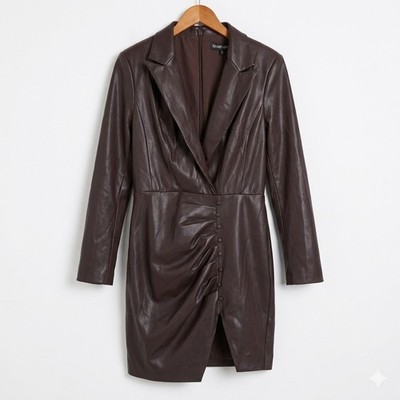 NWT Lavish Alice Chocolate Brown Faux Leather Ruched Blazer Mini Dress Size US 8