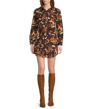 NWT REBA XL Rodeo Cowboy Print Point Collar Long Sleeve Shirt Dress Brown Multi