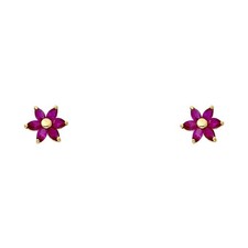 NEW 14K YELLOW GOLD FLOWER RED STUD EARRINGS